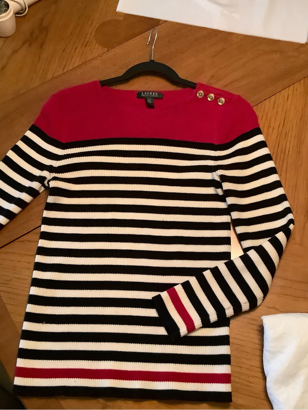 Ralph Lauren Red, Black & White Striped Boatneck Sweater with Gold Buttons. Sz L